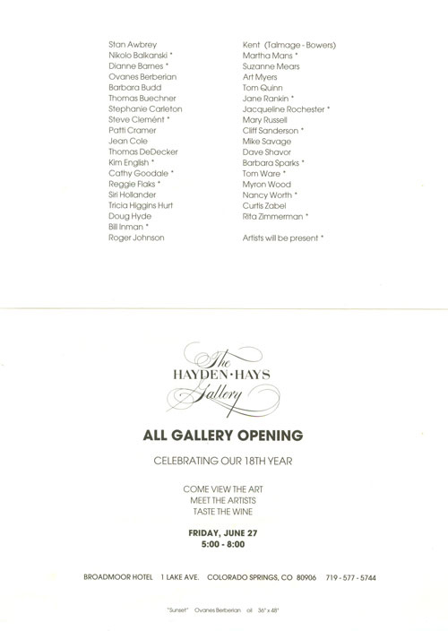 Invitation to the Hayden Hays 1997 "All Gallery Opening" in Colorado Springs, Colorado.