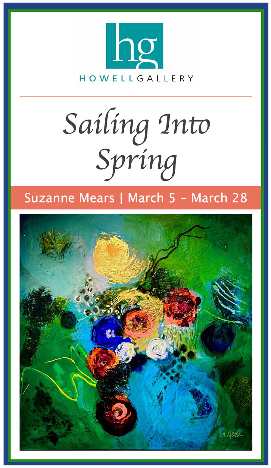 Howell Gallery's "Sailing Into Spring" paintings and glass sculpture.