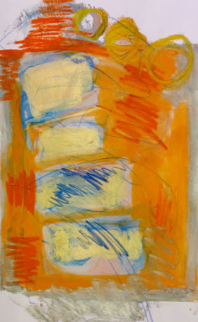 Encaustic monotype titled "Train Ride to Sedona"