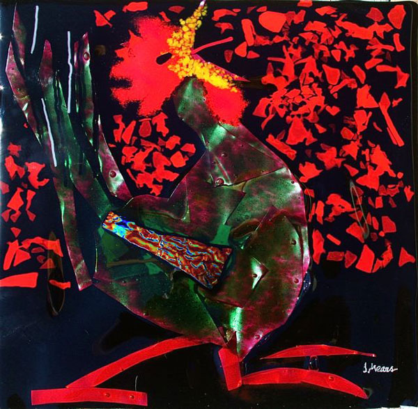 Frit painting in glass, titled "Rug Cuttin' Jazz-ma-tazz"