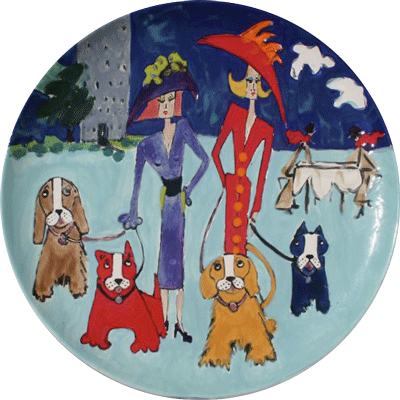 Twenty inch diameter plate titled "Walking the Dogs"