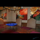 Paintings titled "Plain of the Tiger" and "Edge of Hawk Spirit Valley" with a blue kiln formed glass bowl.